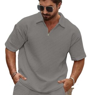 1 Men's Polyester T Shirt with Zip Spread Collar Neck Line Half Sleeves