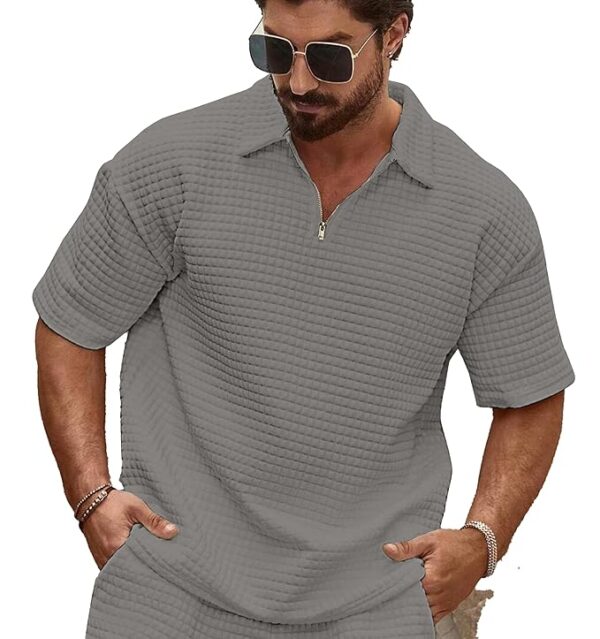 Men's Polyester T Shirt with Zip Spread Collar Neck Line Half Sleeves